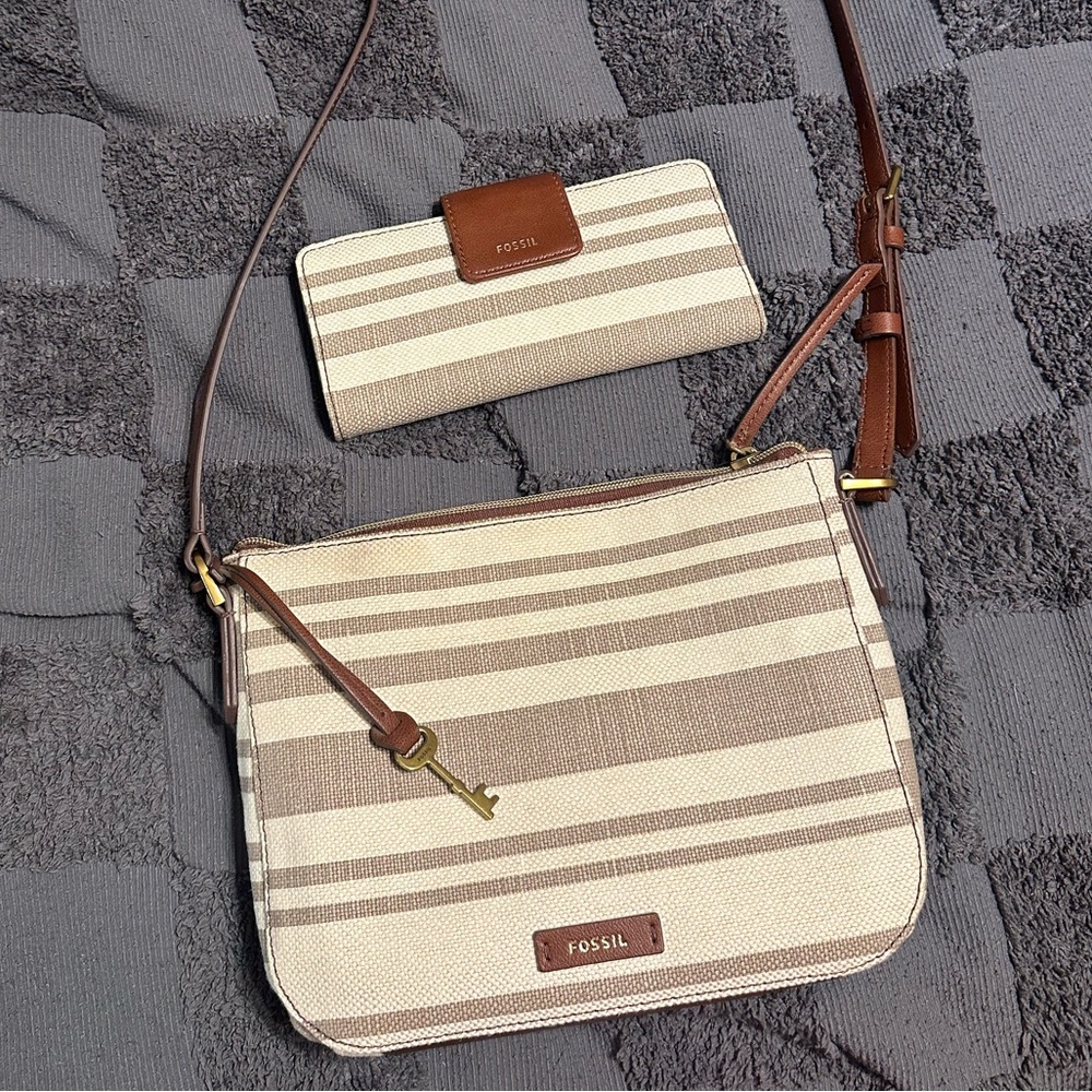 Fossil Tan and Brown Striped Crossbody Bag